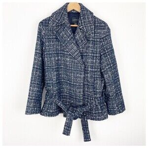 Club Monaco Women Textured Wrap Coat Navy Mix  wool blend belted​​​​​​
